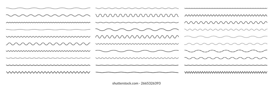 Conjunto de líneas de ondas. Patrón de adorno de onda. Conjunto de líneas onduladas en zigzag. Fondo de línea delgada ondulada. Vector en zigzag y subrayado Horizontal ondulado. Ilustración vectorial 
