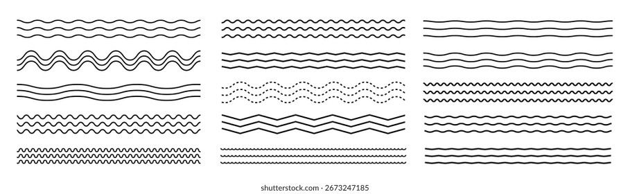 Conjunto de líneas de ondas. Línea. Patrón de adorno de onda. Conjunto de líneas onduladas en zigzag. Fondo de línea delgada ondulada. Vector en zigzag y subrayado Horizontal ondulado. Ilustración vectorial 