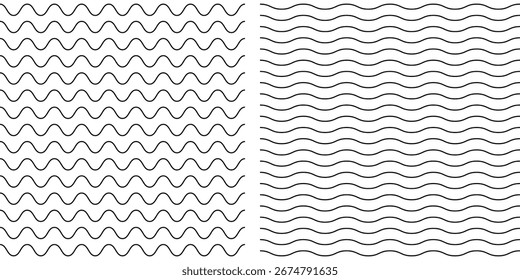 Conjunto de líneas de ondas. Patrón de adorno de onda. Conjunto de líneas onduladas en zigzag. Fondo de línea delgada ondulada. Vector en zigzag y subrayado Horizontal ondulado. 
