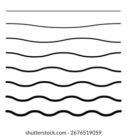 Conjunto de líneas de ondas. Patrón de adorno de onda. Conjunto de líneas onduladas en zigzag. Fondo de línea delgada ondulada. Vector en zigzag y subrayado Horizontal ondulado. Ilustración vectorial EPS 10