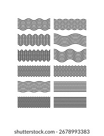 Linha de ondas definida. Padrão de ornamento de onda. Conjunto de linhas onduladas em ziguezague. Plano de fundo de linha fina de onda. Vetor de linhas de onda definido para planos de fundo, bordas, divisores ou padrões. Gráfico vetorial editável