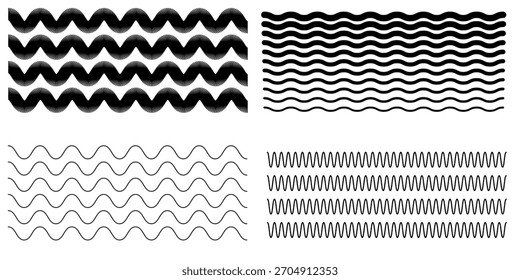 Linha de ondas definida. Padrão de ornamento de onda. Conjunto de linhas onduladas em ziguezague. Plano de fundo de linha fina de onda. Ziguezague vetorial e sublinhado ondulado horizontal. Vetor