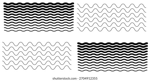 Linha de ondas definida. Padrão de ornamento de onda. Conjunto de linhas onduladas em ziguezague. Plano de fundo de linha fina de onda. Ziguezague vetorial e sublinhado ondulado horizontal. Vetor