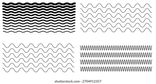 Conjunto de líneas de ondas. Patrón de adorno de onda. Conjunto de líneas onduladas en zigzag. Fondo de línea delgada ondulada. Vector en zigzag y subrayado Horizontal ondulado. Vector