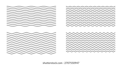 Linha de ondas definida. Padrão de ornamento de onda. Conjunto de linhas onduladas em ziguezague. Plano de fundo de linha fina de onda. Ziguezague vetorial e sublinhado ondulado horizontal. Vetor