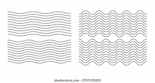 Linha de ondas definida. Padrão de ornamento de onda. Conjunto de linhas onduladas em ziguezague. Plano de fundo de linha fina de onda. Ziguezague vetorial e sublinhado ondulado horizontal. Vetor