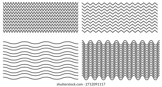 Waves line set. Wave ornament pattern. Set of wavy zigzag lines. Wave thin line background. Vector zigzag and wavy horizontal underline. Vector