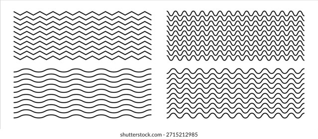 Conjunto de líneas de ondas. Patrón de adorno de onda. Conjunto de líneas onduladas en zigzag. Fondo de línea delgada ondulada. Vector en zigzag y subrayado Horizontal ondulado. EPS 10