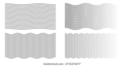 Conjunto de líneas de ondas. Patrón de adorno de onda. Conjunto de líneas onduladas en zigzag. Fondo de línea delgada ondulada. Vector en zigzag y subrayado Horizontal ondulado. Vector