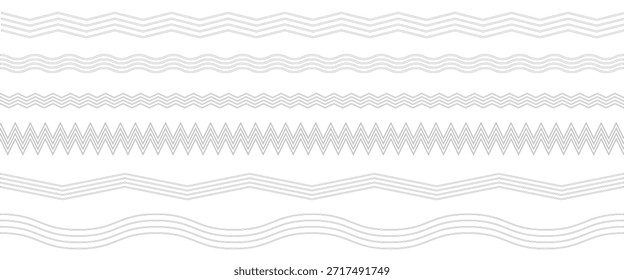 Conjunto de líneas de ondas. Patrón de adorno de onda. Conjunto de líneas onduladas en zigzag. Fondo de línea delgada ondulada. Vector en zigzag y subrayado Horizontal ondulado. Ilustración vectorial 
