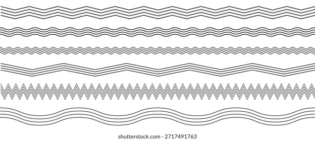 Conjunto de líneas de ondas. Patrón de adorno de onda. Conjunto de líneas onduladas en zigzag. Fondo de línea delgada ondulada. Vector en zigzag y subrayado Horizontal ondulado. Ilustración vectorial 