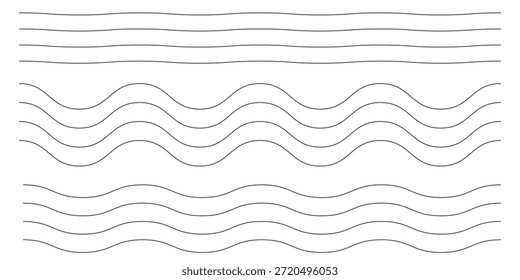 Linha de ondas definida. Padrão de ornamento de onda. Conjunto de linhas onduladas em ziguezague. Plano de fundo de linha fina de onda. Ziguezague vetorial e sublinhado ondulado horizontal. Ilustração vetorial 