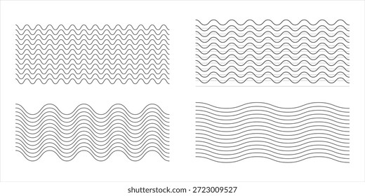 Conjunto de líneas de ondas. Patrón de adorno de onda. Conjunto de líneas onduladas en zigzag. Fondo de línea delgada ondulada. Vector en zigzag y subrayado Horizontal ondulado. Vector