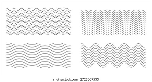 Conjunto de líneas de ondas. Patrón de adorno de onda. Conjunto de líneas onduladas en zigzag. Fondo de línea delgada ondulada. Vector en zigzag y subrayado Horizontal ondulado. Vector