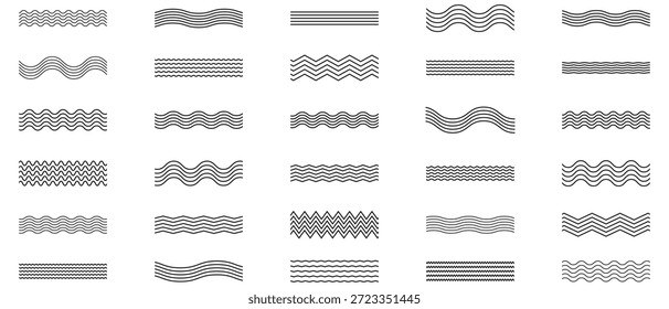 Conjunto de líneas de ondas. Patrón de adorno de onda. Líneas onduladas, adorno ondulado. Conjunto de líneas de ondas en zigzag. El Horizontal ondulado y el zigzag subrayan la Ilustración vectorial.
