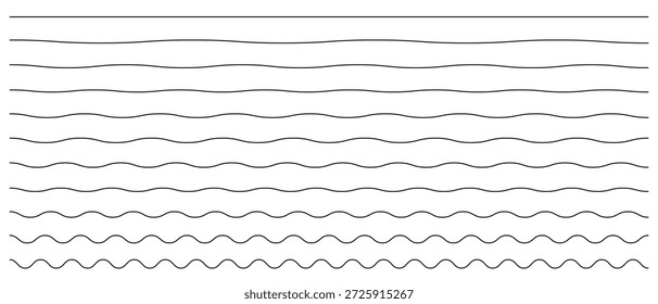 Conjunto de líneas de ondas. Patrón de adorno de onda. Conjunto de líneas onduladas en zigzag. Fondo de línea delgada ondulada. Vector en zigzag y subrayado Horizontal ondulado. Ilustración vectorial 