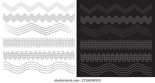 Conjunto de líneas de ondas. Patrón de adorno de onda. Conjunto de líneas onduladas en zigzag. Fondo de línea delgada ondulada. Vector en zigzag y subrayado Horizontal ondulado. Ilustración vectorial 