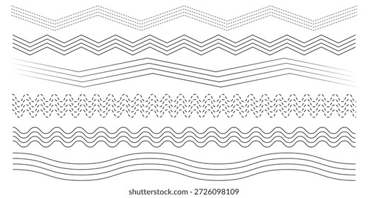 Conjunto de líneas de ondas. Patrón de adorno de onda. Conjunto de líneas onduladas en zigzag. Fondo de línea delgada ondulada. Vector en zigzag y subrayado Horizontal ondulado. Ilustración vectorial 