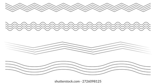 Conjunto de líneas de ondas. Patrón de adorno de onda. Conjunto de líneas onduladas en zigzag. Fondo de línea delgada ondulada. Vector en zigzag y subrayado Horizontal ondulado. Ilustración vectorial 
