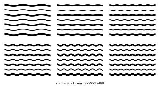 Waves Line Set. Muster für Wellenschmuck. Satz von wellenförmigen Zickzacklinien. Welle dünnen Linie Hintergrund. Satz von verschiedenen schwarzen wellenförmigen und Zickzack-Linien, Muster.