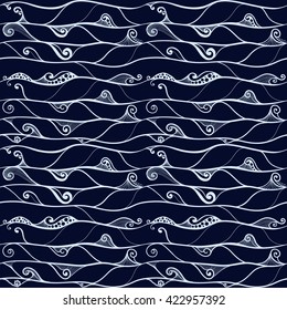 Waves, lines and dots - seamless vector background. Use printed materials, signs, items, websites, maps, posters, postcards, packaging.
