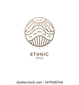 Waves logo template. Vector linear round icon of water, sea landscape or desert with barkhans. Hand drawn style. Minimal emblem for business, a travel, tourism and ecology concept, health, yoga.