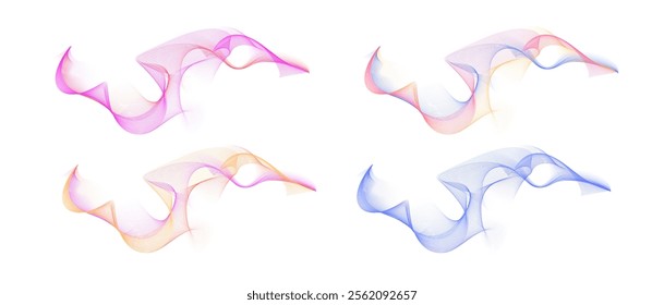 Waves of many lines flow colorful gradient. Abstract wavy chaotic stripes vector illustrations set. Curvy dynamic sound waves, energy pulsing. Realistic signal technology. Creative blur blend line art