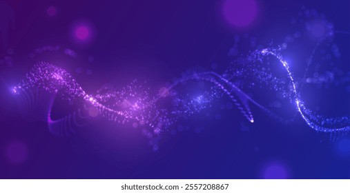 Waves of many lines flowing particles and sparkles. Abstract wavy stripes on purple blue gradient background. Vector curvy dynamic dots stream, signal pulsing. Creative dotted mesh wallpaper