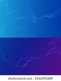 Waves of many lines flowing particles. Abstract wavy stripes on blue gradient background. Vector set of curvy dynamic dots stream, signal pulsing. Creative dotted blend wallpaper