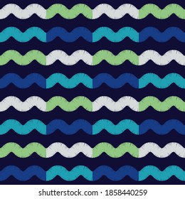 Waves. Mosaic with geometric shapes. Seamless pattern. Design with manual hatching. Textile. Ethnic boho ornament. Vector illustration for web design or print.