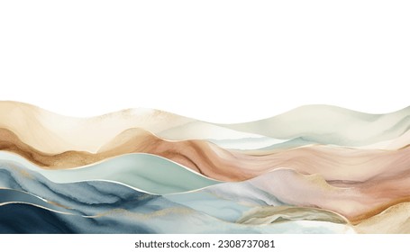 Waves or mountains of Blush, earth tone blue, teal, ivory, rose abstract background with watercolor, ink splashes and gold glitter. Luxury Background.