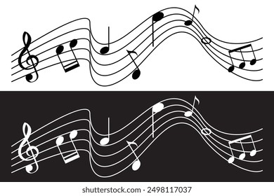 waves of musical notes and songs.Music notes wave, Curve musical signs, sound wave line symbol, acoustic composition, Musical note, music sound, musical waves