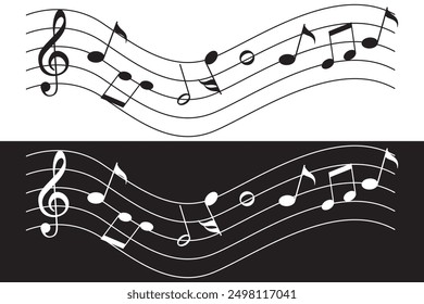 waves of musical notes and songs.Music notes wave, Curve musical signs, sound wave line symbol, acoustic composition, Musical note, music sound, musical waves