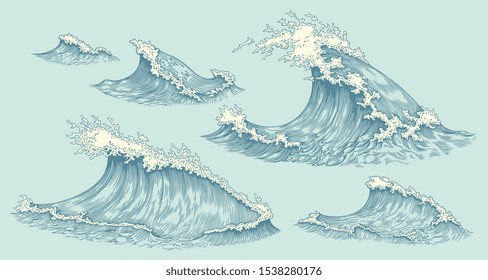 Waves Ocean Design Set Hand Drawn Stock Vector (Royalty Free ...