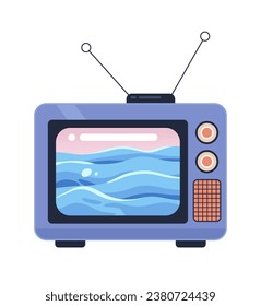 Olea el océano sobre el viejo objeto de caricatura 2D vintage de la televisión. programa de televisión retro a la antigua, aislado elemento vectorial de fondo blanco. Agua de capa marina. Ver nostalgia mostrar ilustración de manchas planas de color