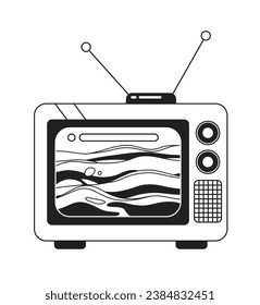 Waves ocean on old tv vintage black and white 2D cartoon object. Old fashioned retro television program isolated vector outline item. Watching nostalgia show monochromatic flat spot illustration