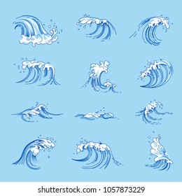 Waves and ocean or sea water splashes vector sketch icons set