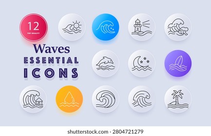 Waves ocean set icon. Surfboard, lighthouse, dolphin, tropical island, curling tide, coastal sunrise, watery droplet, marine scenery, nighttime shoreline, aquatic movement, seaside