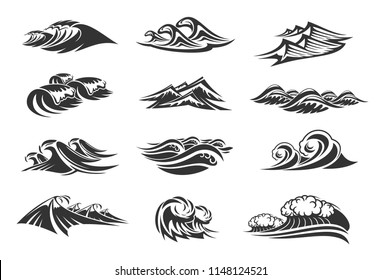 Waves of ocean water line icons set of sea tide splashes. Vector isolated tidal gales, marine waves or stormy tide with splashing flows and surfs of windy storm streams