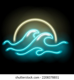 Waves on the background of the sun in neon style. Japan waves. View on the ocean's crest leap and sun. Vector illustration for wall poster, cover, fashion print. Dark background. Neon style template.