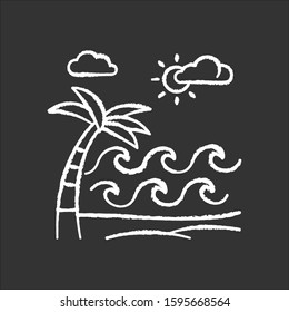 Waves on sandy beach chalk icon. Seaside with palm. Trip to Indonesian islands. Sunny sea coast in Bali. Weather for surfing. Summer holiday trip idea. Isolated vector chalkboard illustration