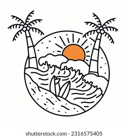 The waves on the summer mono line art for design t-shirt, badge, sticker, etc