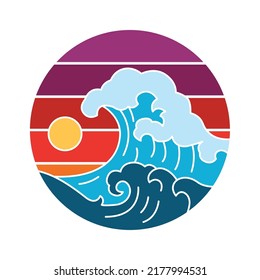 Olas en una placa retro al atardecer. Ilustración del vector