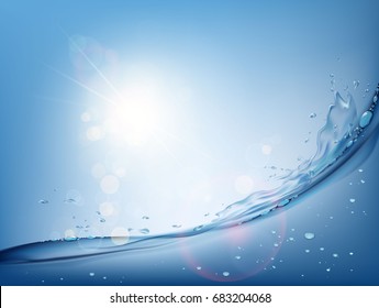 Olas en la superficie del agua.Fondo natural. Cielo azul con luz solar. Ilustración vectorial de material.