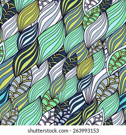 Waves organic and floral pattern, seamless wallpaper. Textile texture for printing.