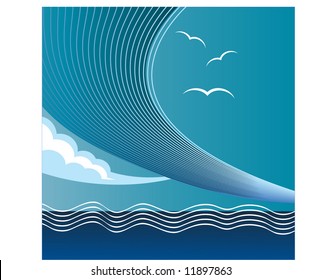 waves out on the ocean with seagulls