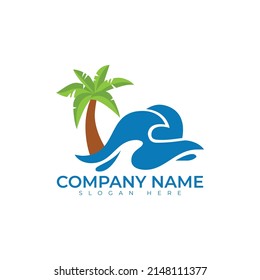 Waves and Palm tree logo vector illustration design