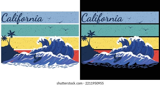 Waves and palm trees made of colors surfing background