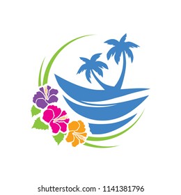 waves and palms inside colorful hibiscus flowers frame, logo icon