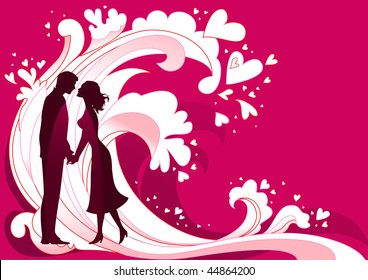 Waves of passion. Couple are  standing under abstract waves